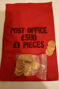40x 1d old Penny 1967 uncirculated coins & Post office bag