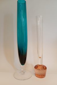 2x Coloured flute Glass rose vases