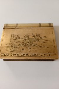1800s Solid brass book styled box engraved monkey & cat