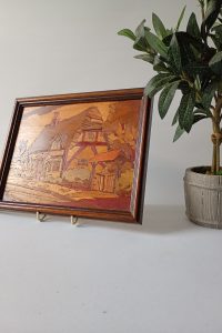 Cottage scene mixed wood inlay framed wall picture