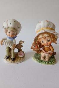 vintage pumpkin kids forest theme pair pottery figurines